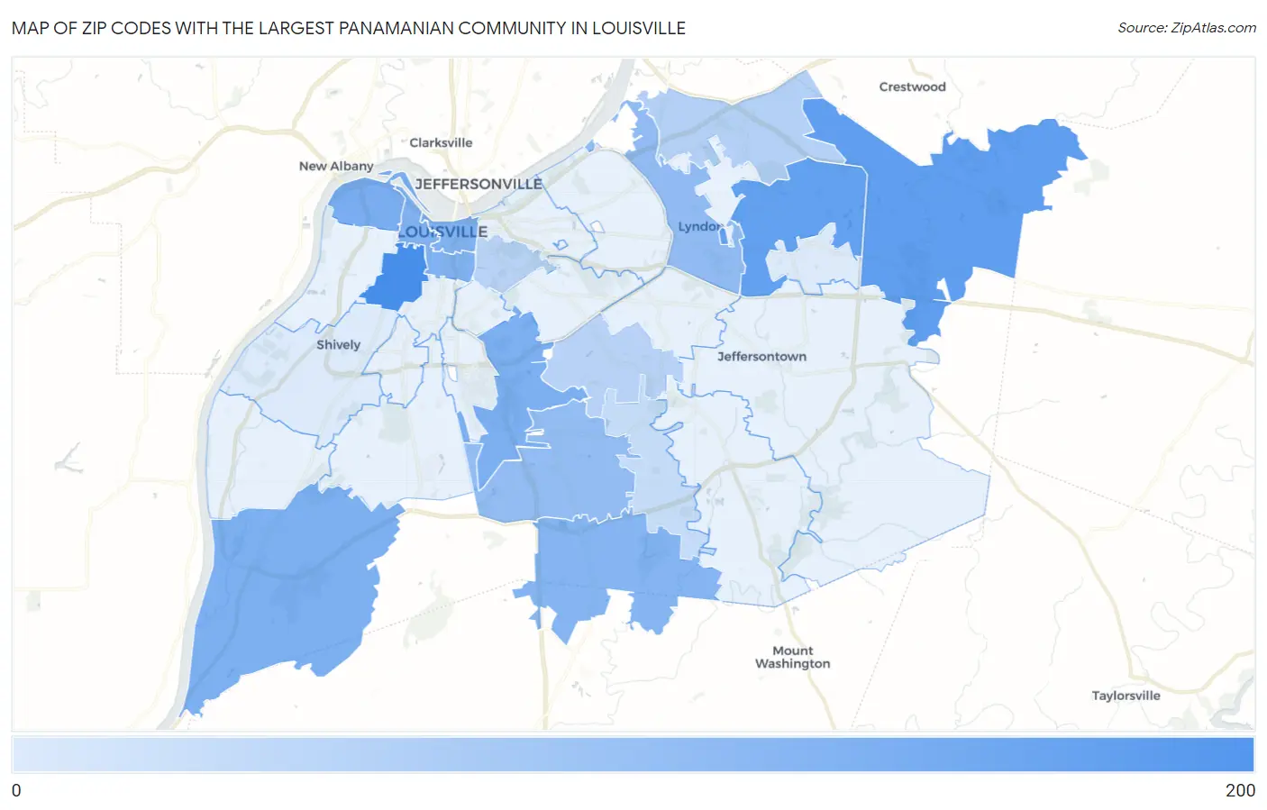 Zip Codes with the Largest Panamanian Community in Louisville Map