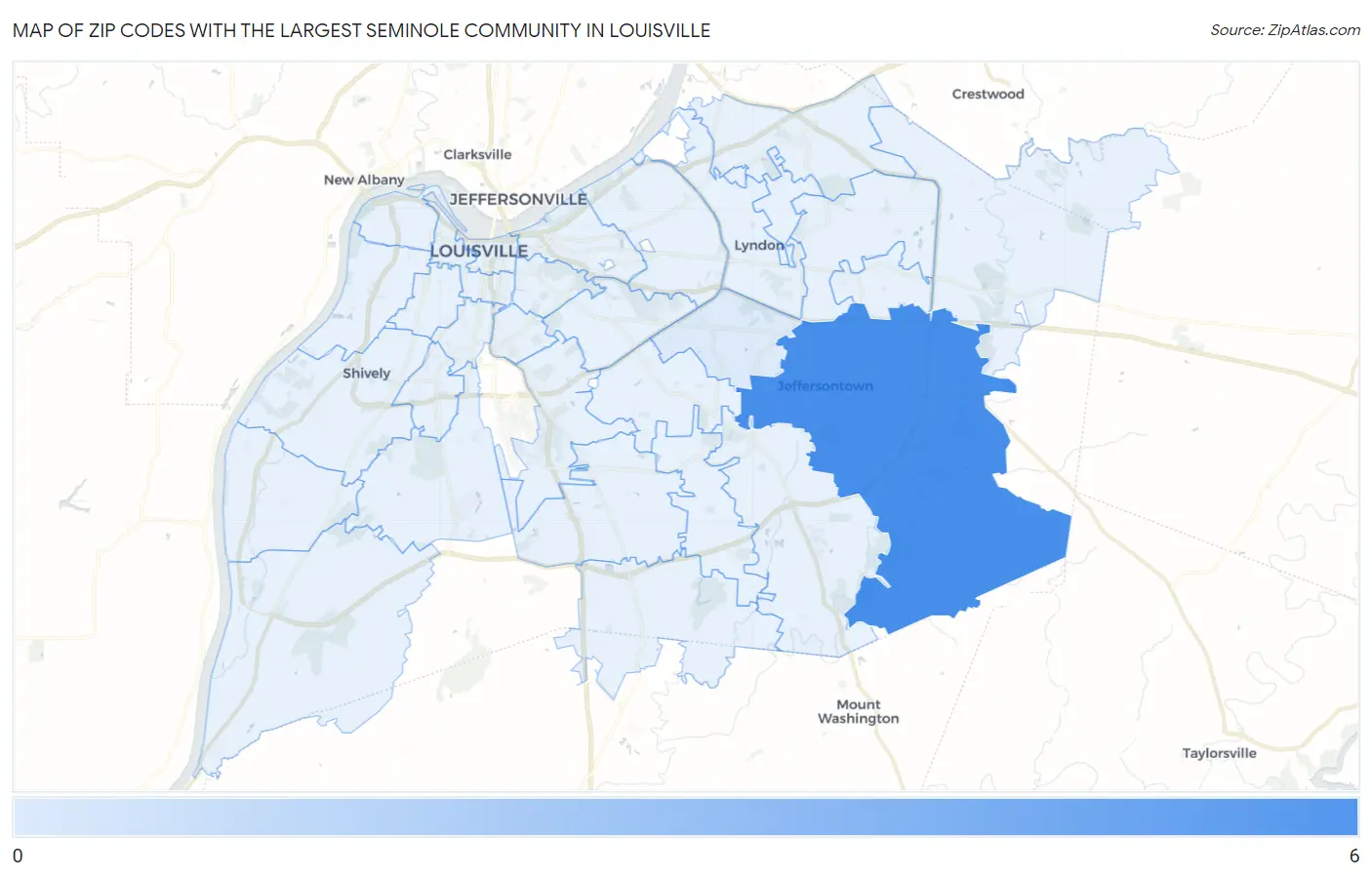 Zip Codes with the Largest Seminole Community in Louisville Map