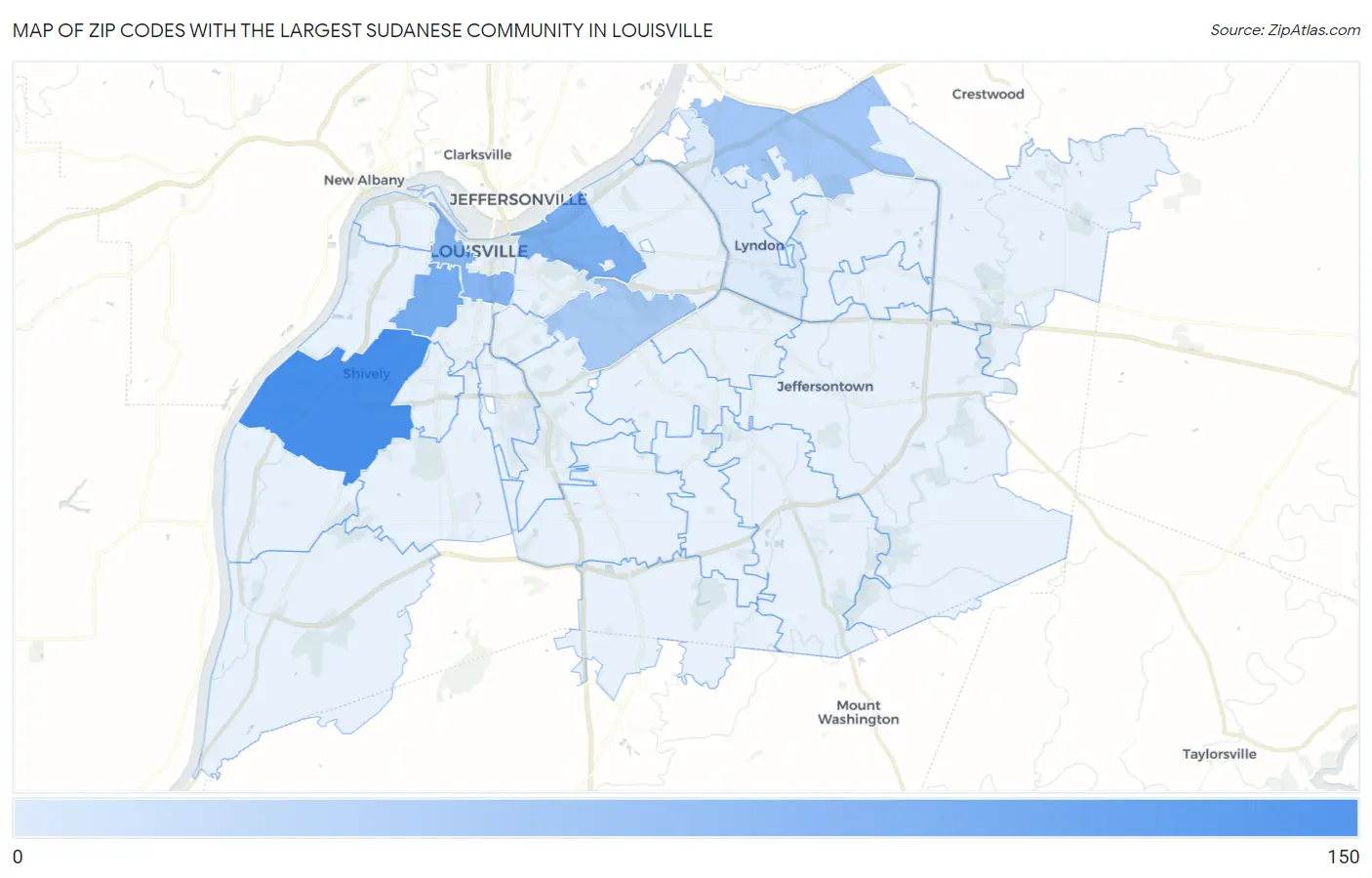 Zip Codes with the Largest Sudanese Community in Louisville Map