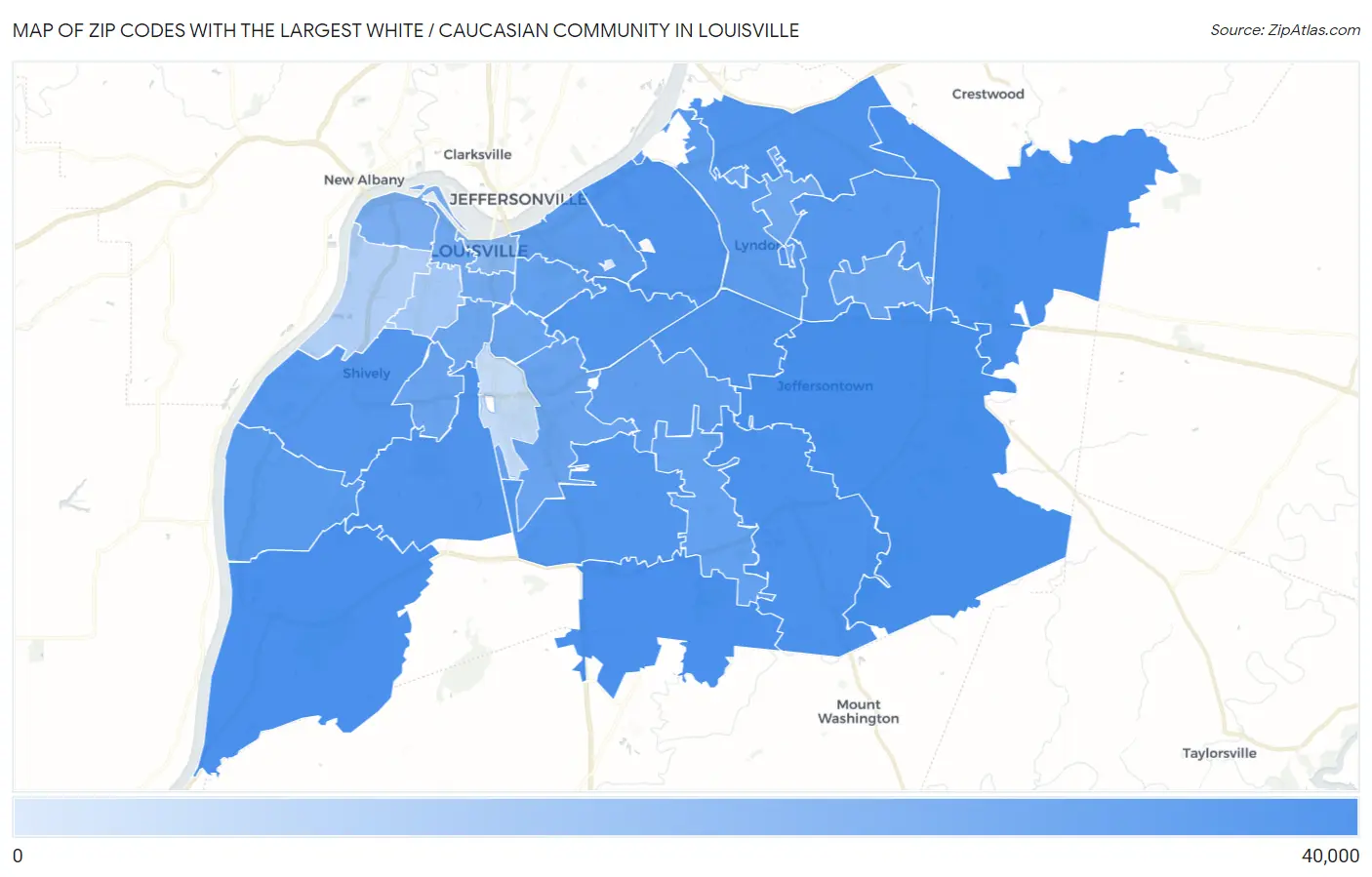 Zip Codes with the Largest White / Caucasian Community in Louisville Map