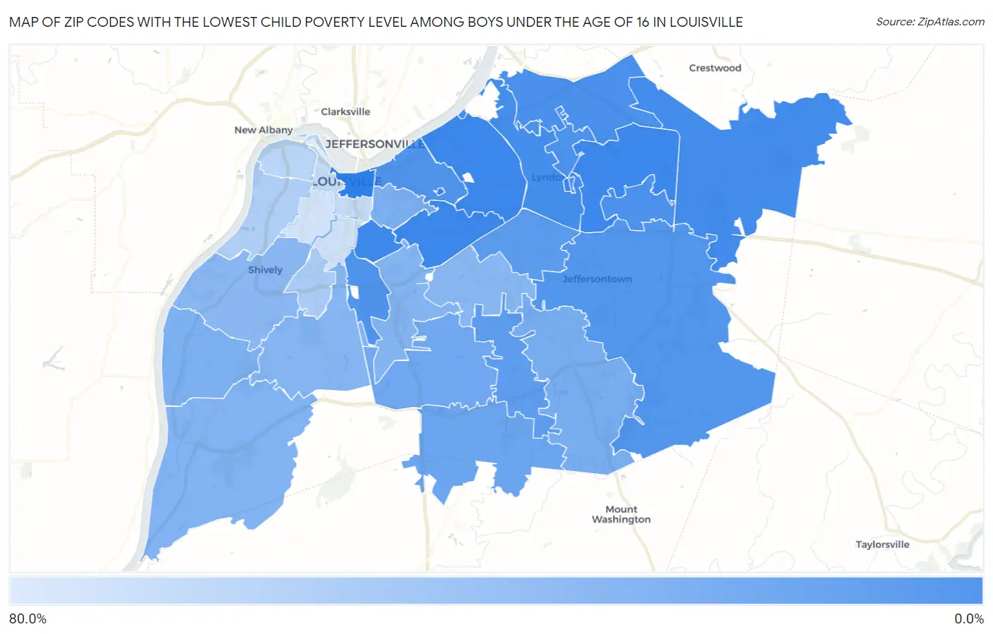 Zip Codes with the Lowest Child Poverty Level Among Boys Under the Age of 16 in Louisville Map