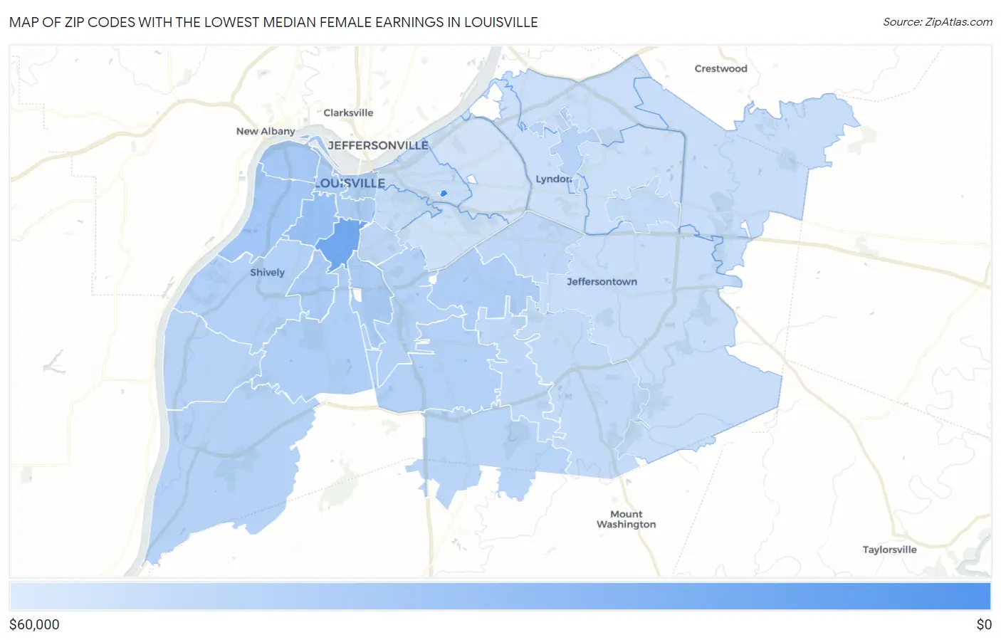 Zip Codes with the Lowest Median Female Earnings in Louisville Map