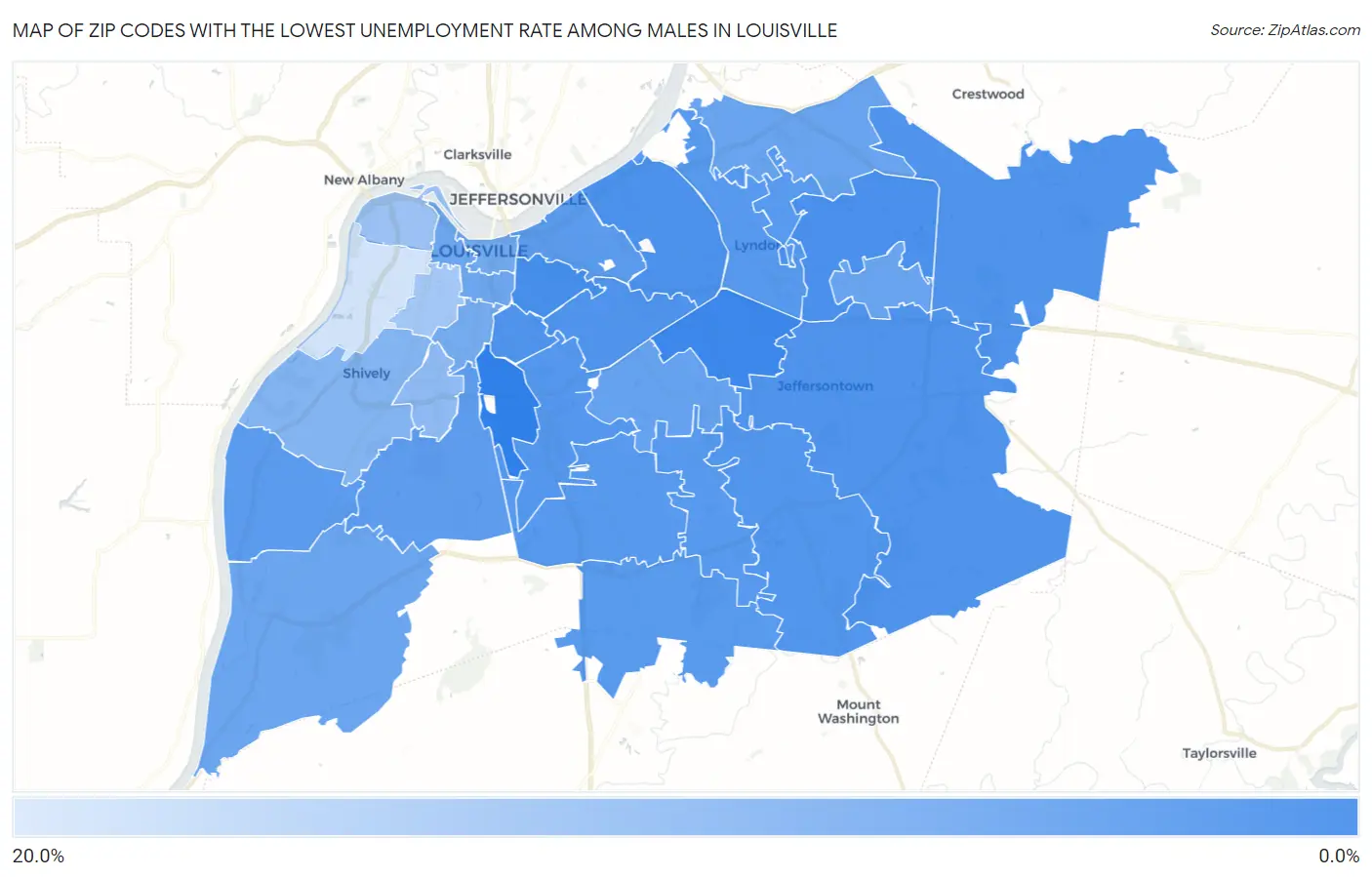 Zip Codes with the Lowest Unemployment Rate Among Males in Louisville Map