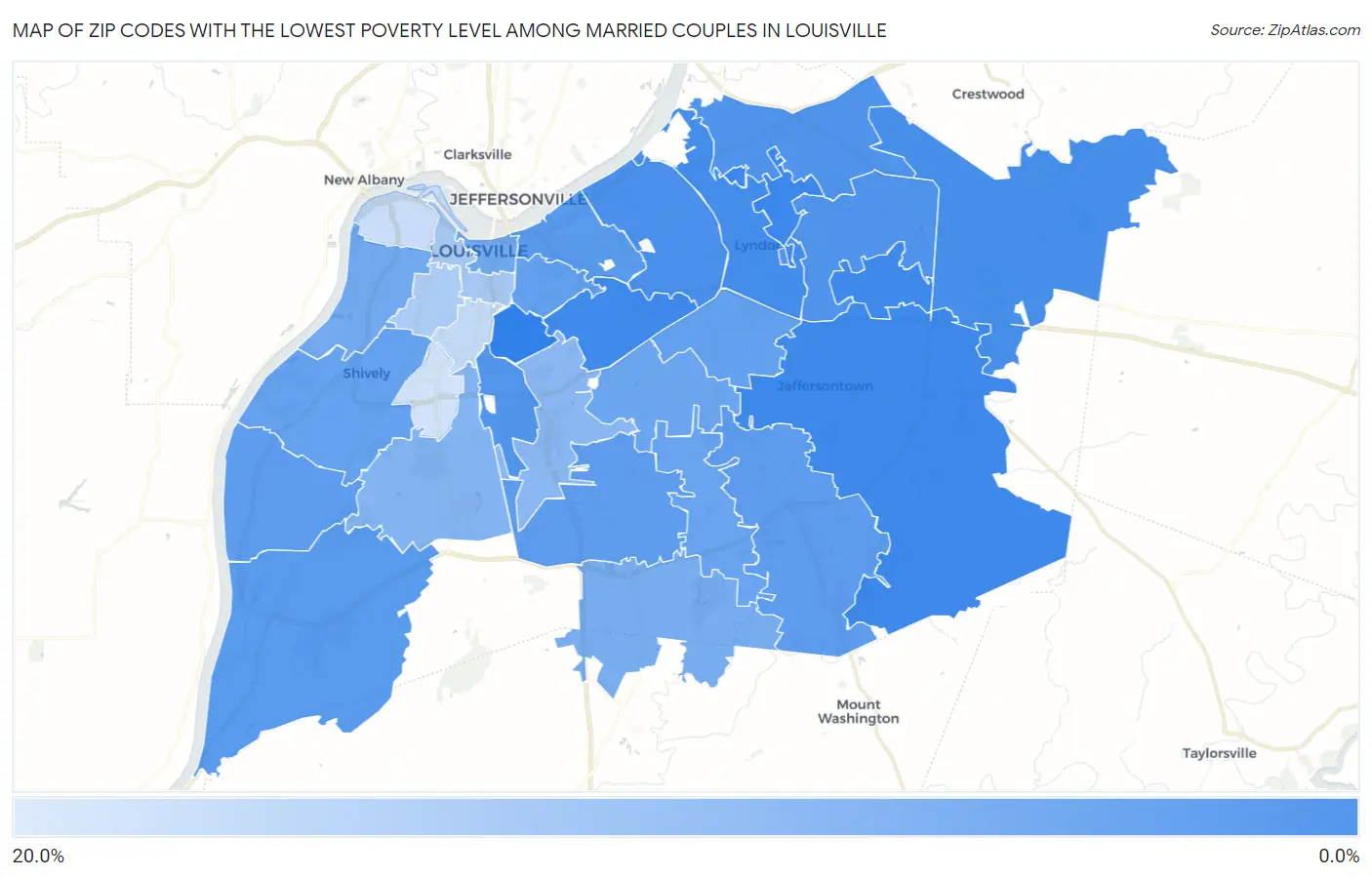 Zip Codes with the Lowest Poverty Level Among Married Couples in Louisville Map