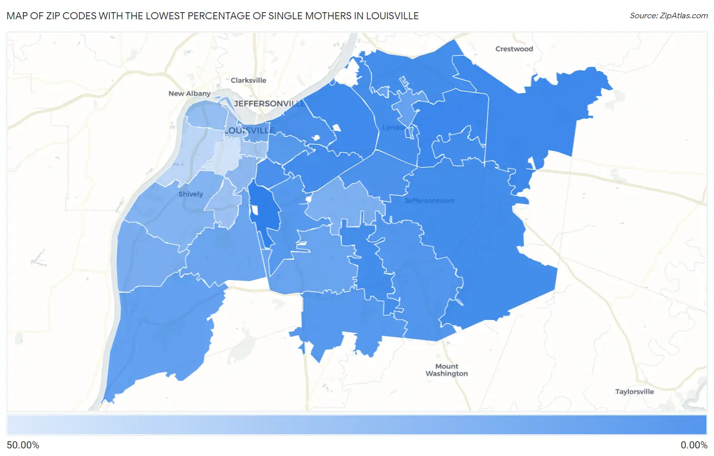 Zip Codes with the Lowest Percentage of Single Mothers in Louisville Map