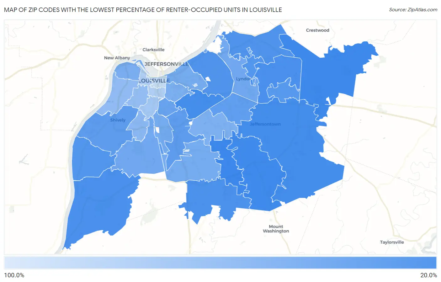 Zip Codes with the Lowest Percentage of Renter-Occupied Units in Louisville Map