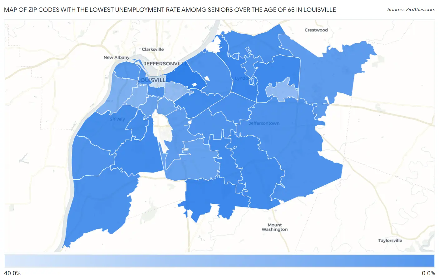 Zip Codes with the Lowest Unemployment Rate Amomg Seniors Over the Age of 65 in Louisville Map
