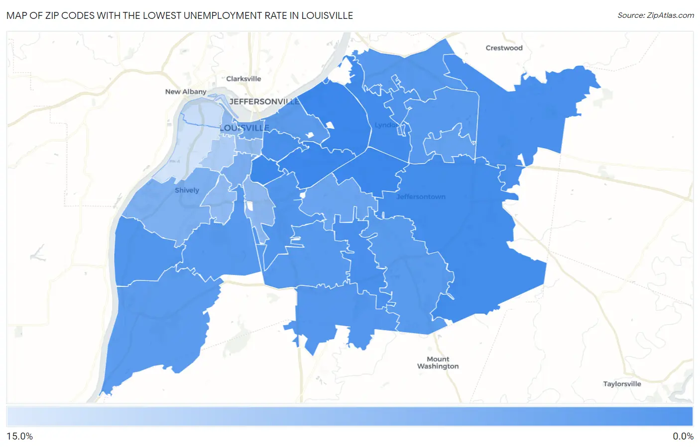 Zip Codes with the Lowest Unemployment Rate in Louisville Map