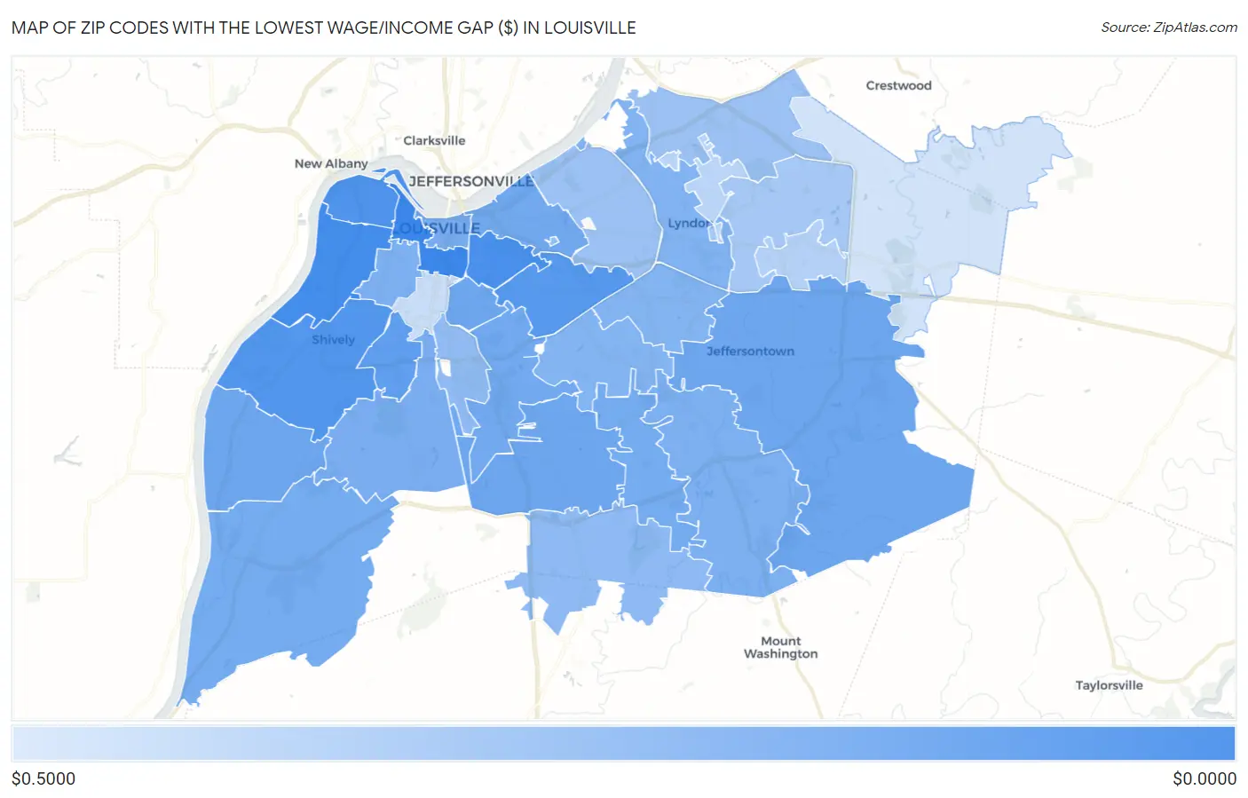 Zip Codes with the Lowest Wage/Income Gap ($) in Louisville Map