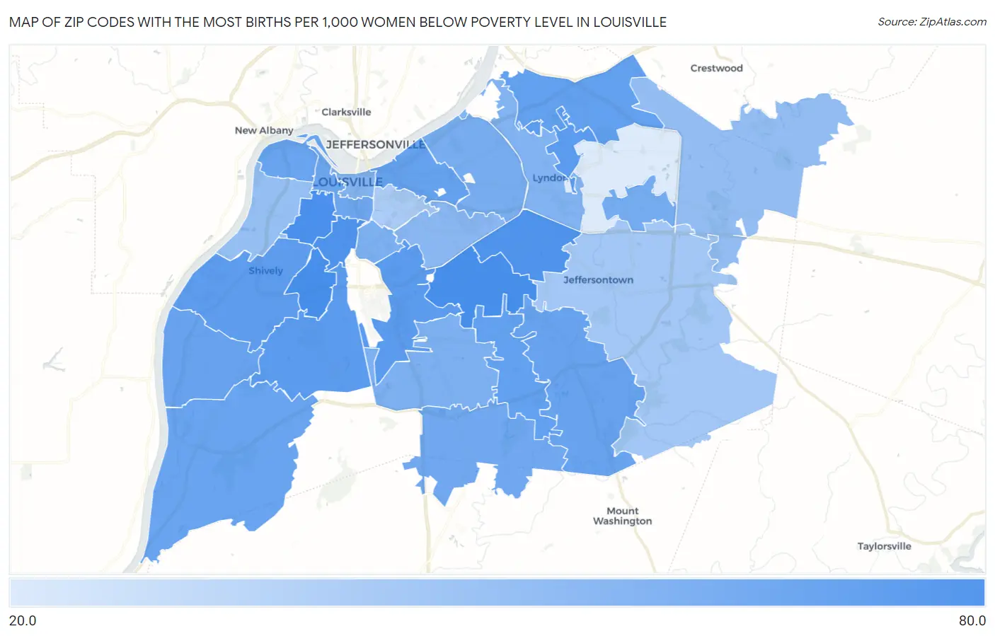 Zip Codes with the Most Births per 1,000 Women Below Poverty Level in Louisville Map