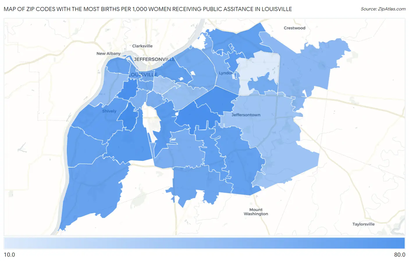 Zip Codes with the Most Births per 1,000 Women Receiving Public Assitance in Louisville Map
