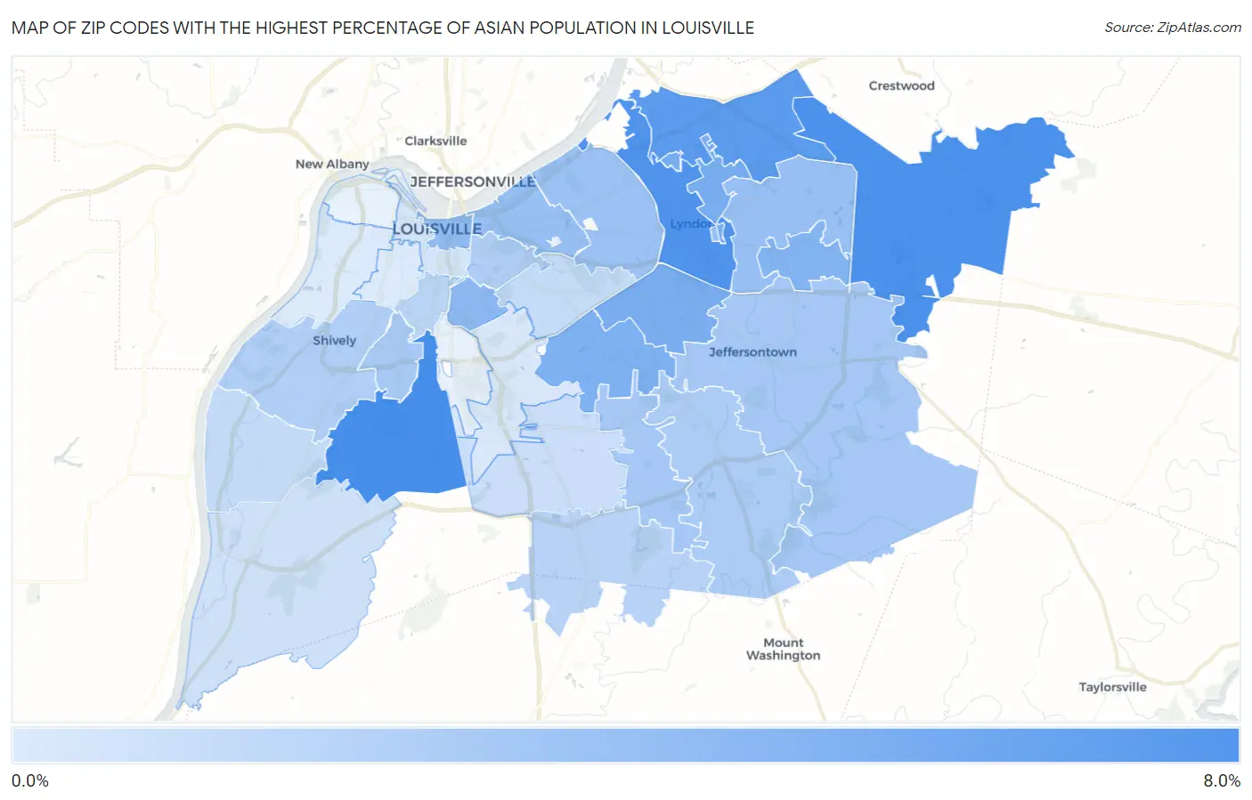 Zip Codes with the Highest Percentage of Asian Population in Louisville Map