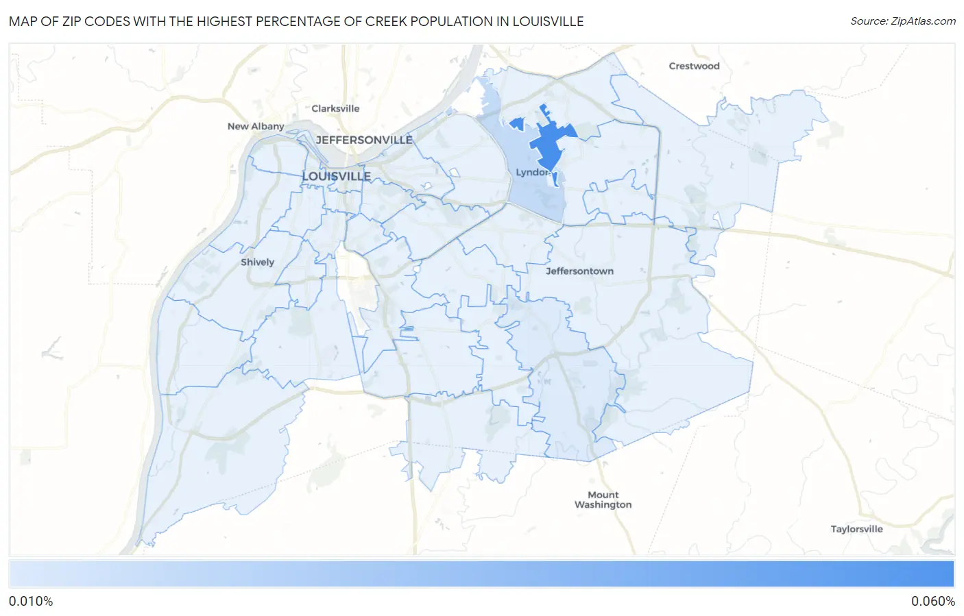 Zip Codes with the Highest Percentage of Creek Population in Louisville Map