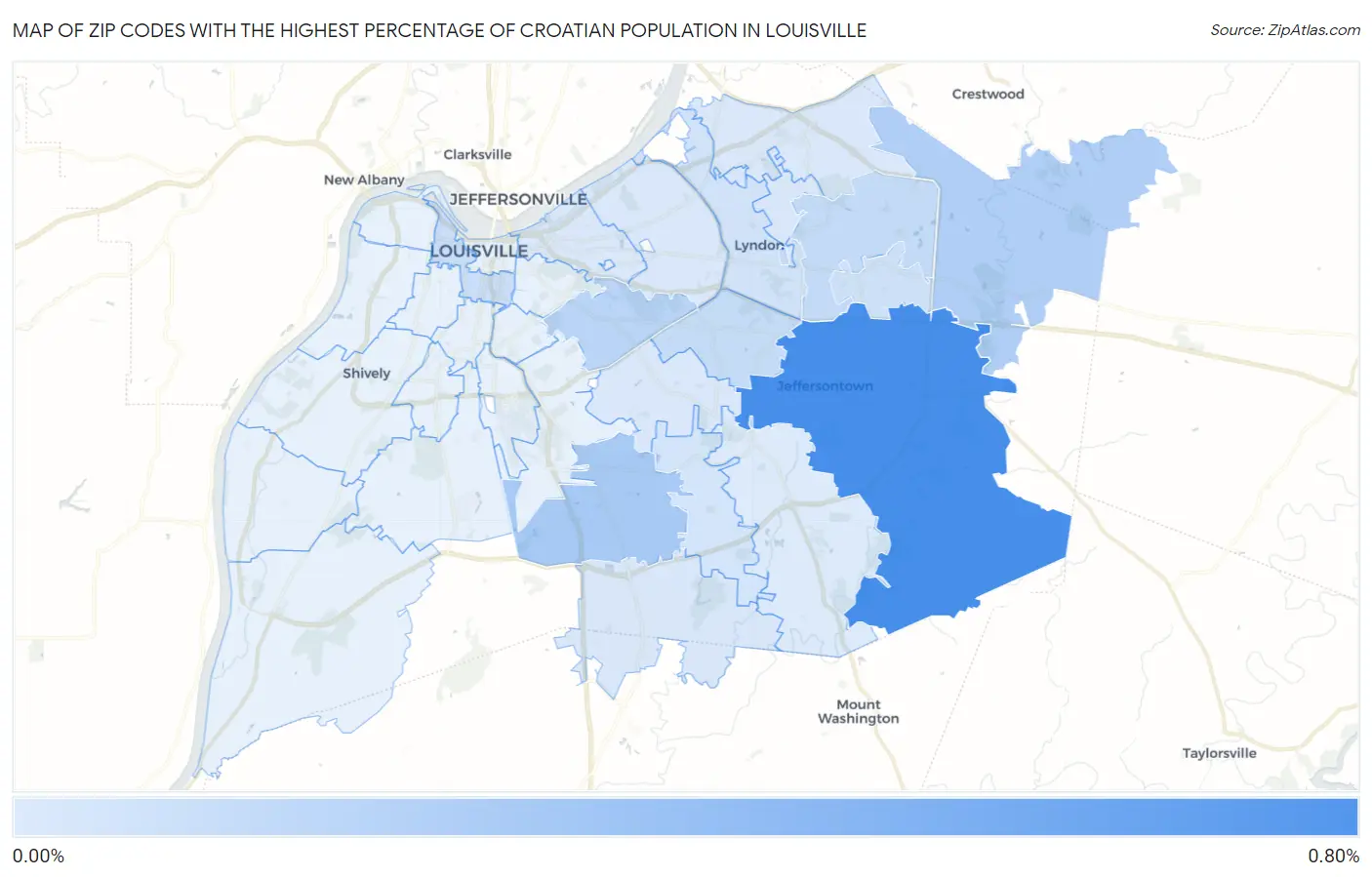 Zip Codes with the Highest Percentage of Croatian Population in Louisville Map