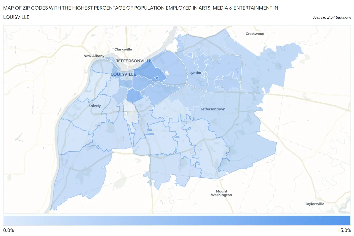 Zip Codes with the Highest Percentage of Population Employed in Arts, Media & Entertainment in Louisville Map