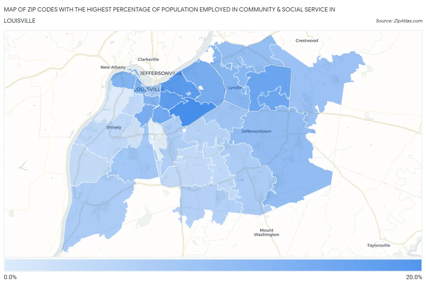 Zip Codes with the Highest Percentage of Population Employed in Community & Social Service  in Louisville Map