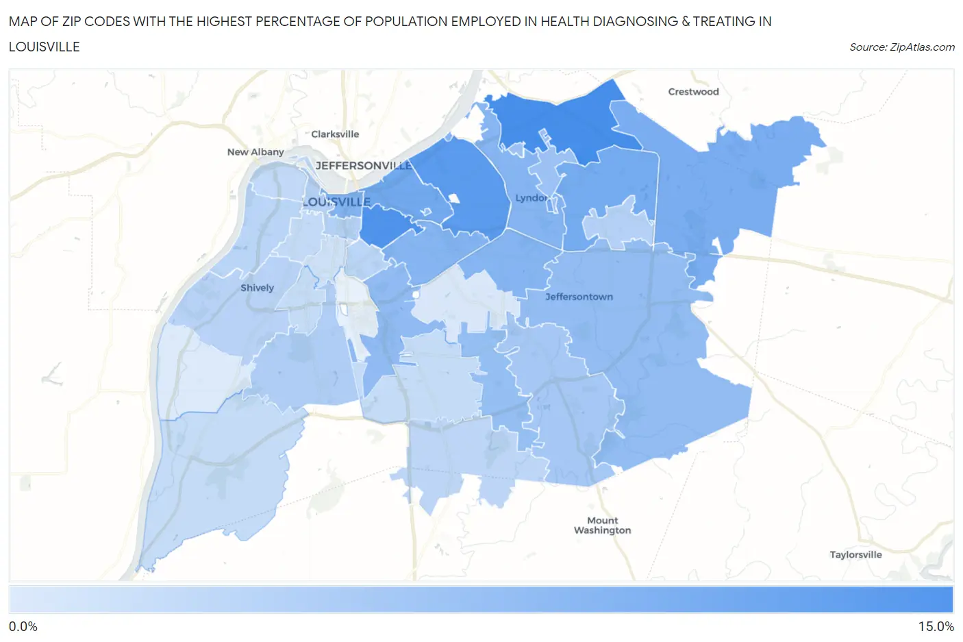 Zip Codes with the Highest Percentage of Population Employed in Health Diagnosing & Treating in Louisville Map