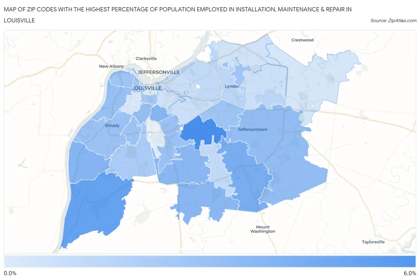 Zip Codes with the Highest Percentage of Population Employed in Installation, Maintenance & Repair in Louisville Map