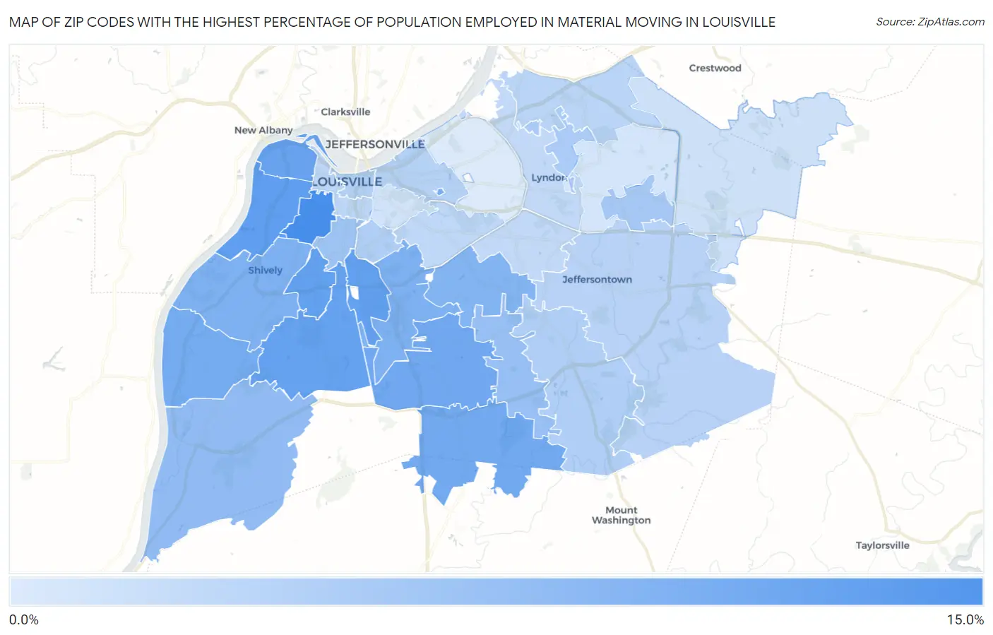 Zip Codes with the Highest Percentage of Population Employed in Material Moving in Louisville Map