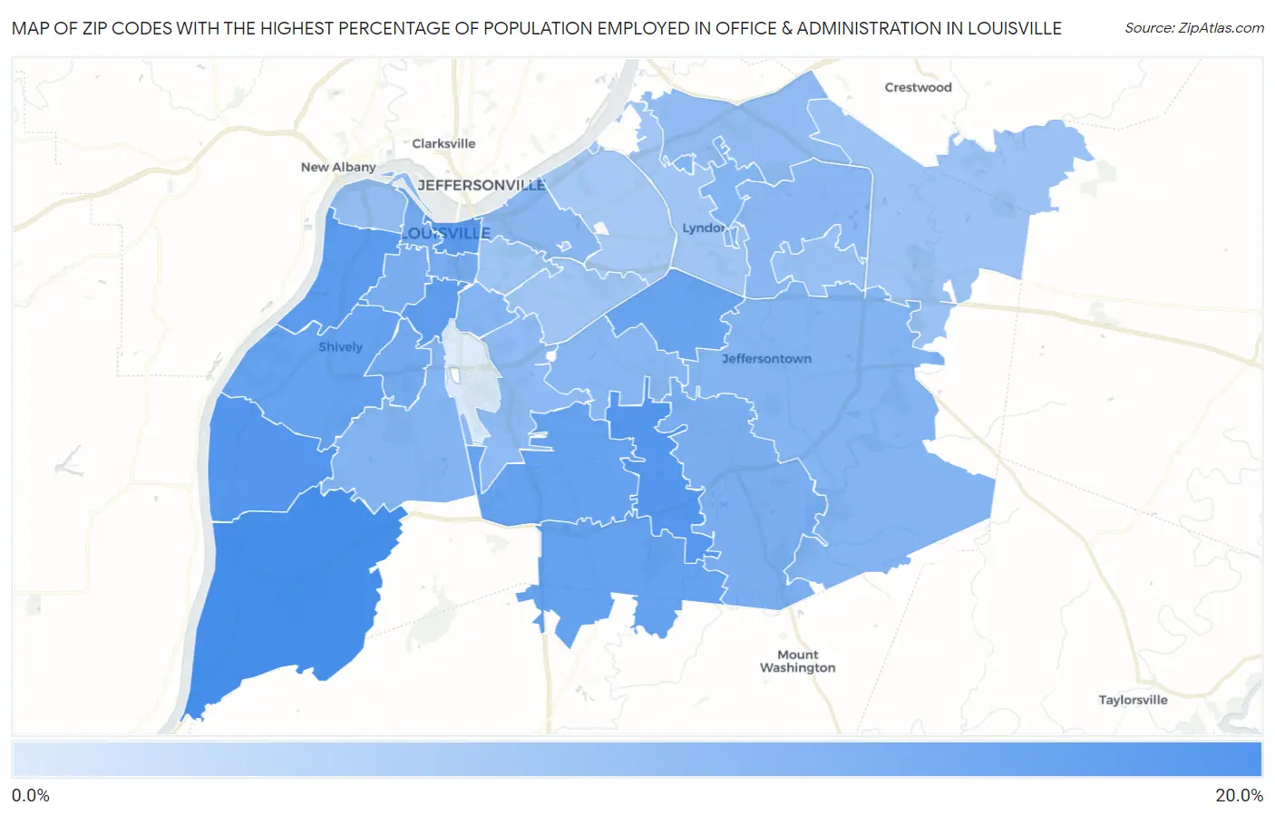 Zip Codes with the Highest Percentage of Population Employed in Office & Administration in Louisville Map