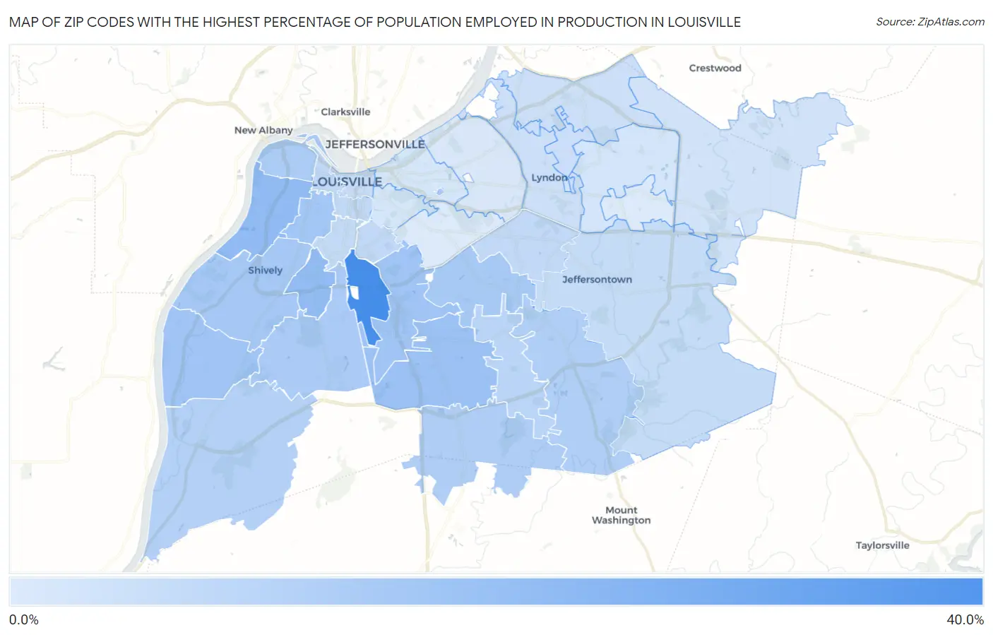 Zip Codes with the Highest Percentage of Population Employed in Production in Louisville Map