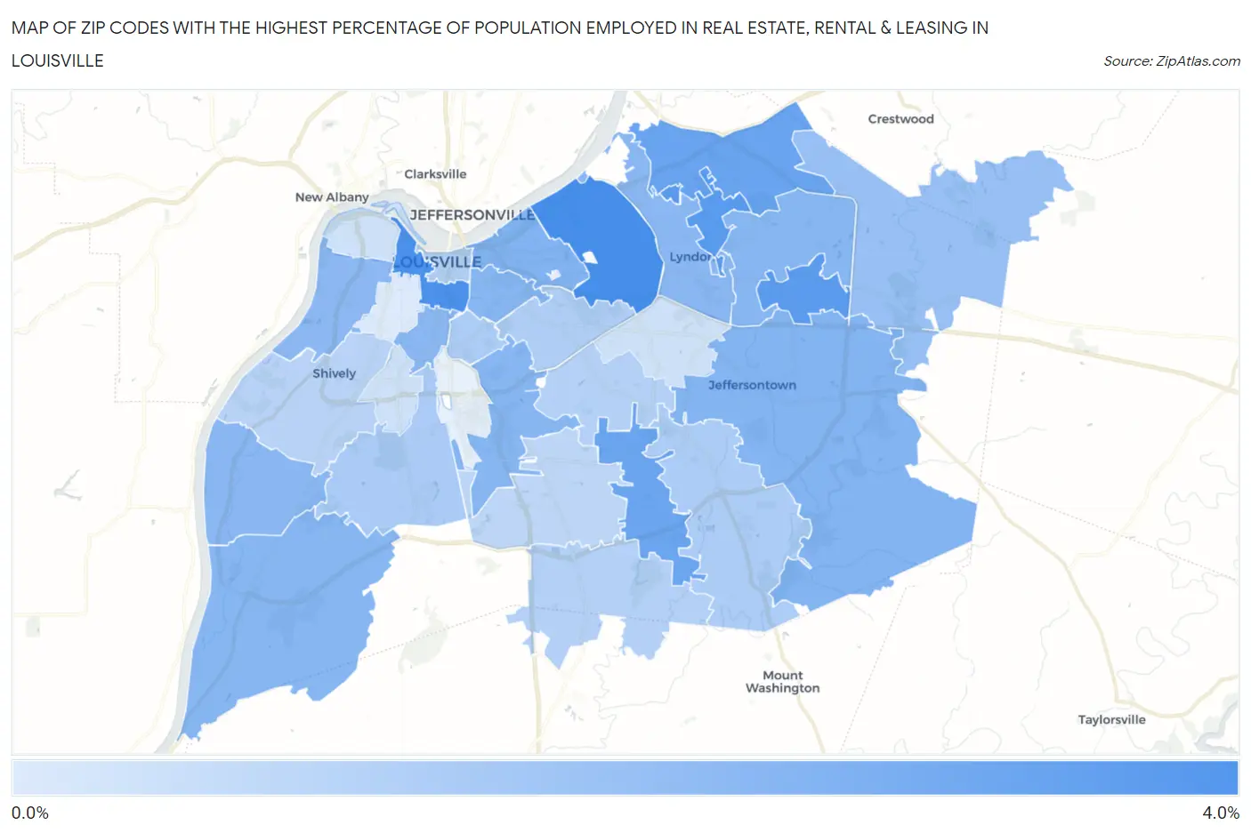 Zip Codes with the Highest Percentage of Population Employed in Real Estate, Rental & Leasing in Louisville Map