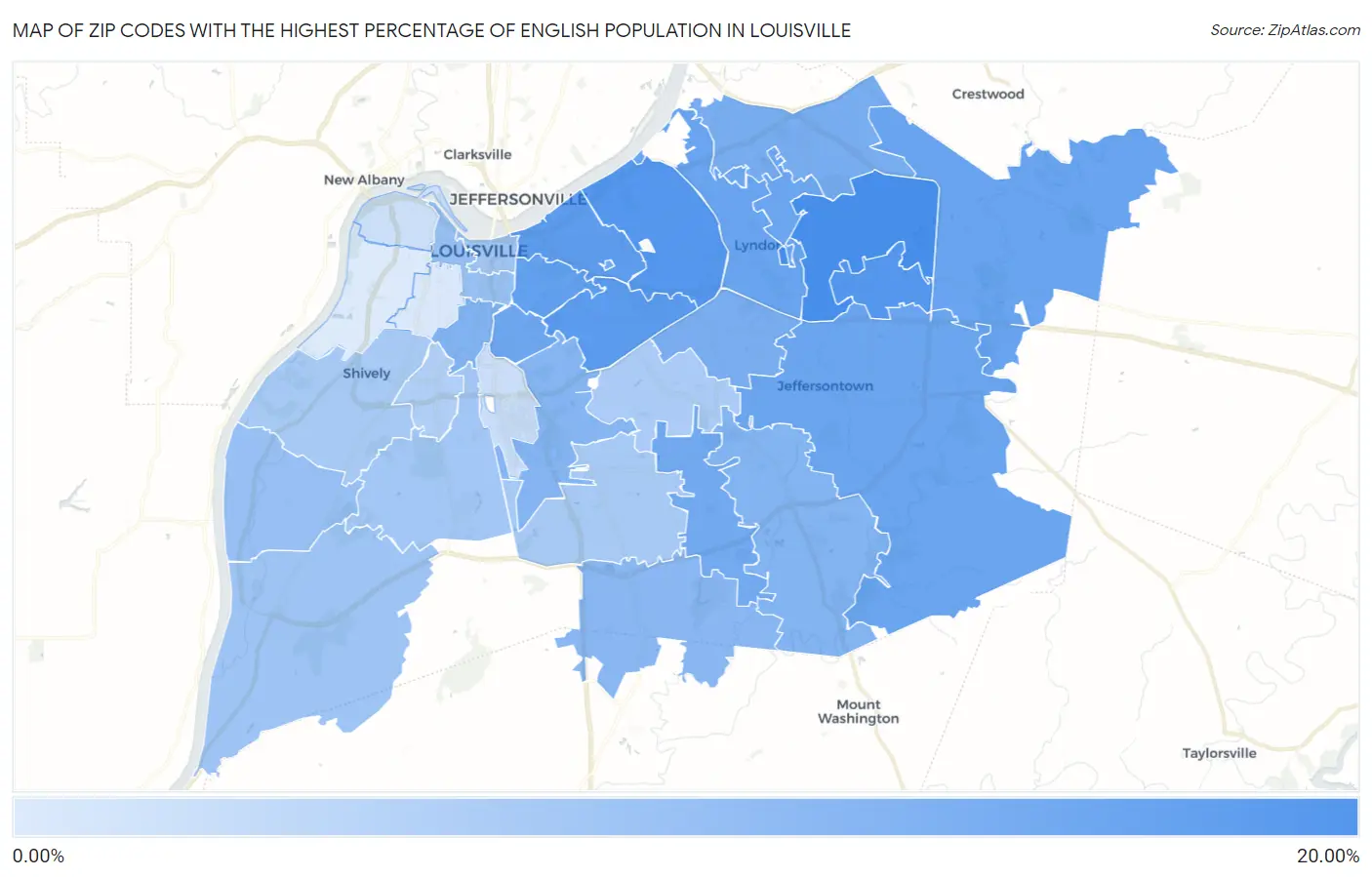 Zip Codes with the Highest Percentage of English Population in Louisville Map