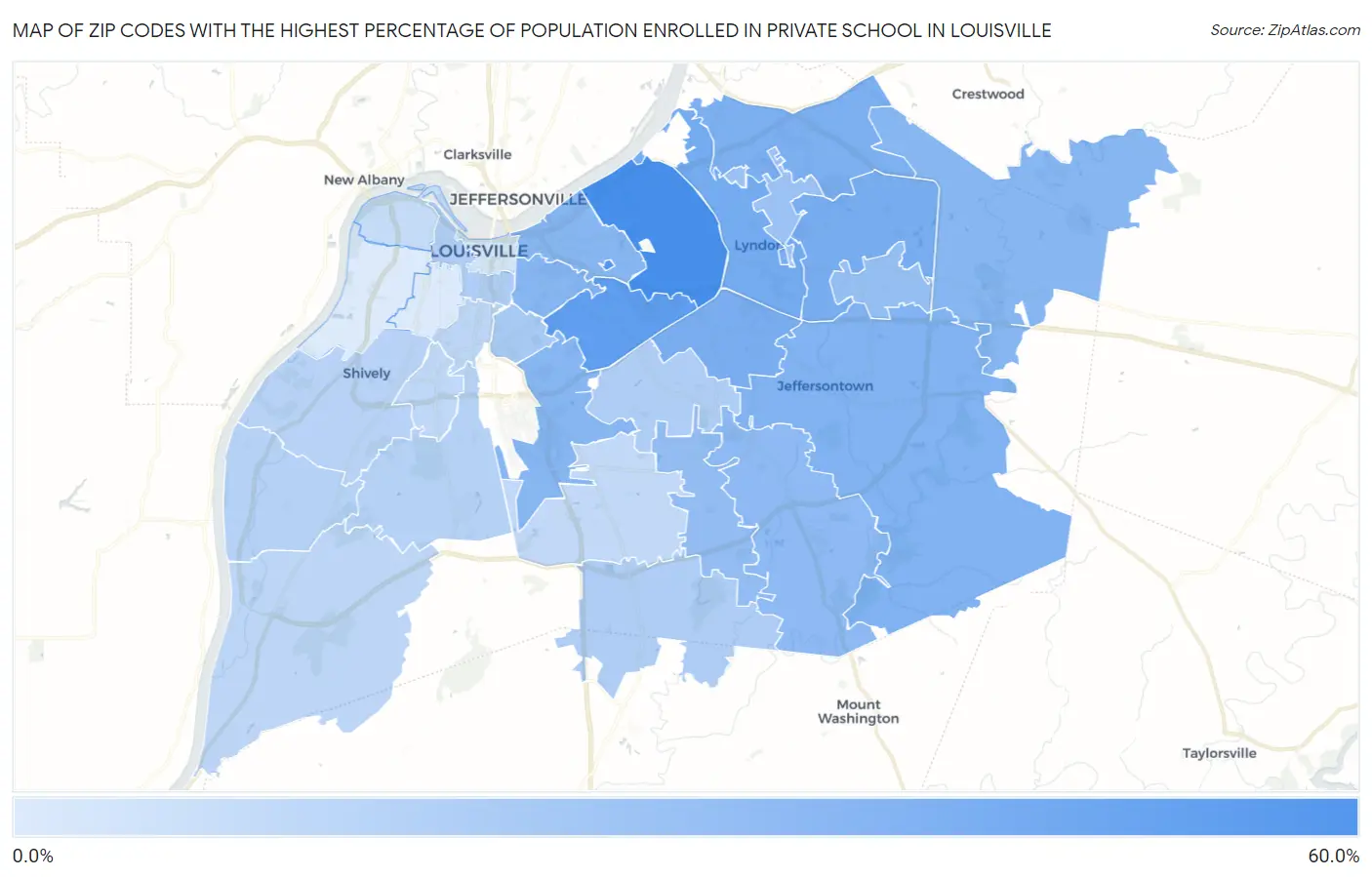 Zip Codes with the Highest Percentage of Population Enrolled in Private School in Louisville Map