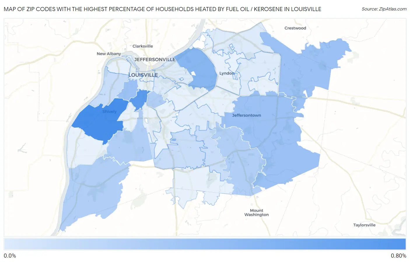 Zip Codes with the Highest Percentage of Households Heated by Fuel Oil / Kerosene in Louisville Map
