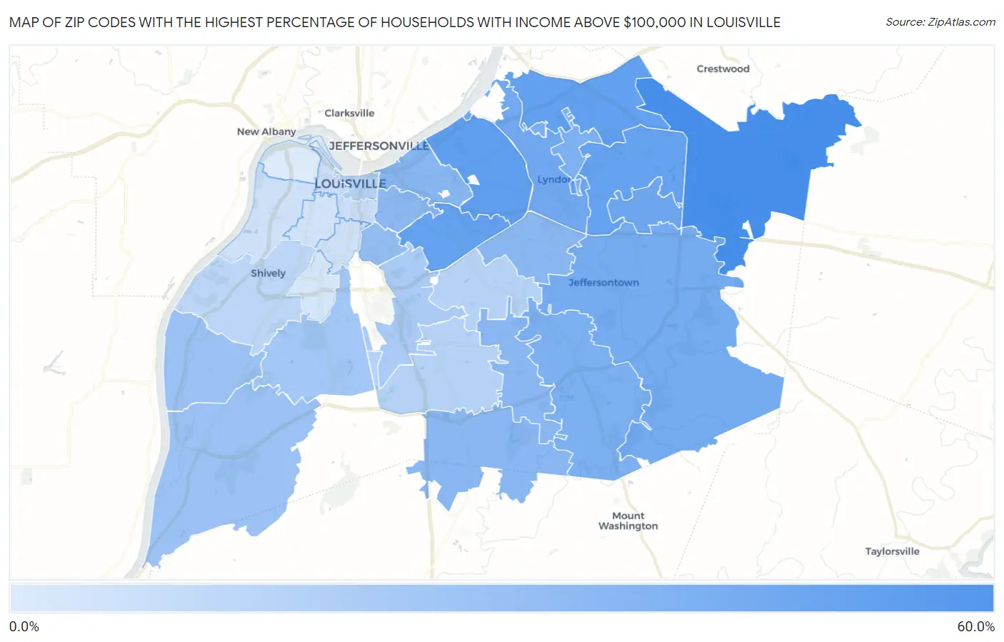 Zip Codes with the Highest Percentage of Households with Income Above $100,000 in Louisville Map