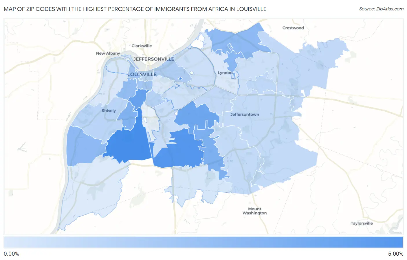 Zip Codes with the Highest Percentage of Immigrants from Africa in Louisville Map