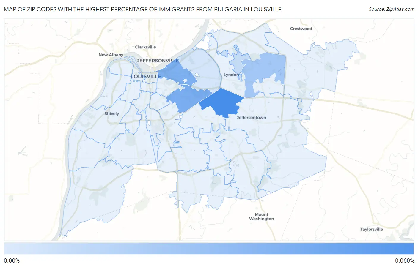 Zip Codes with the Highest Percentage of Immigrants from Bulgaria in Louisville Map