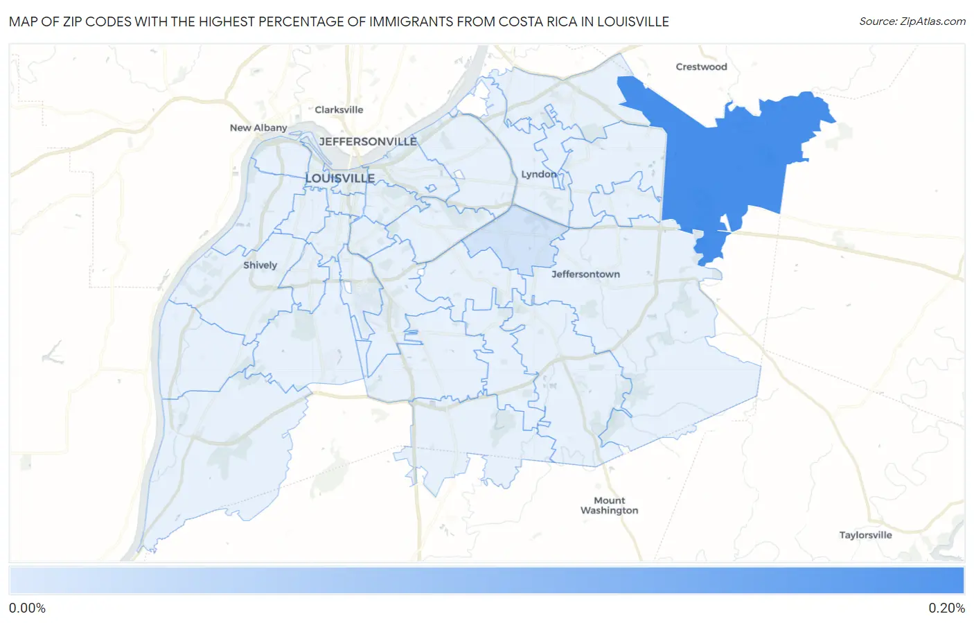 Zip Codes with the Highest Percentage of Immigrants from Costa Rica in Louisville Map