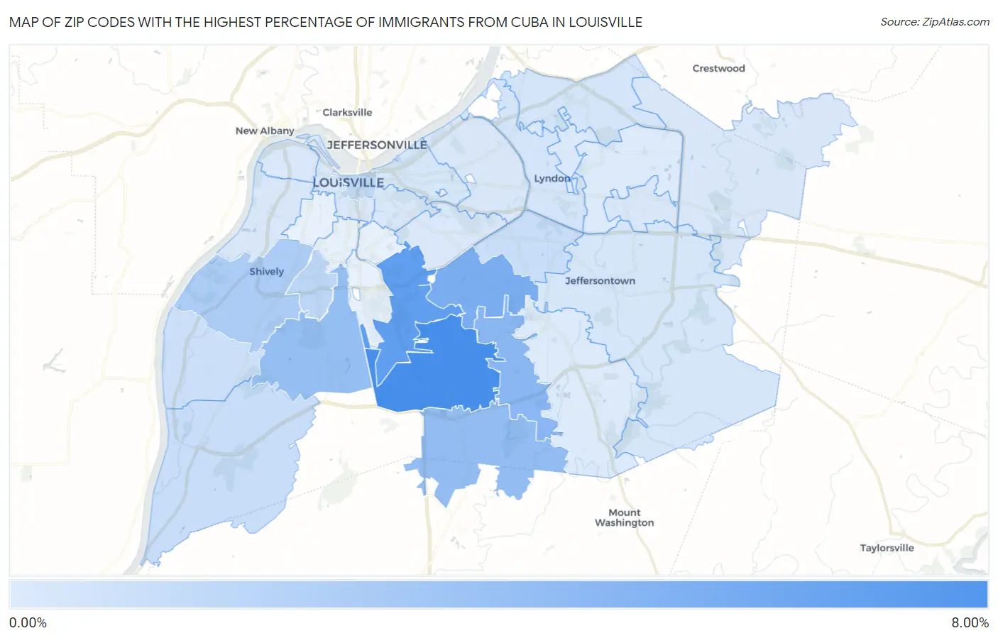 Zip Codes with the Highest Percentage of Immigrants from Cuba in Louisville Map