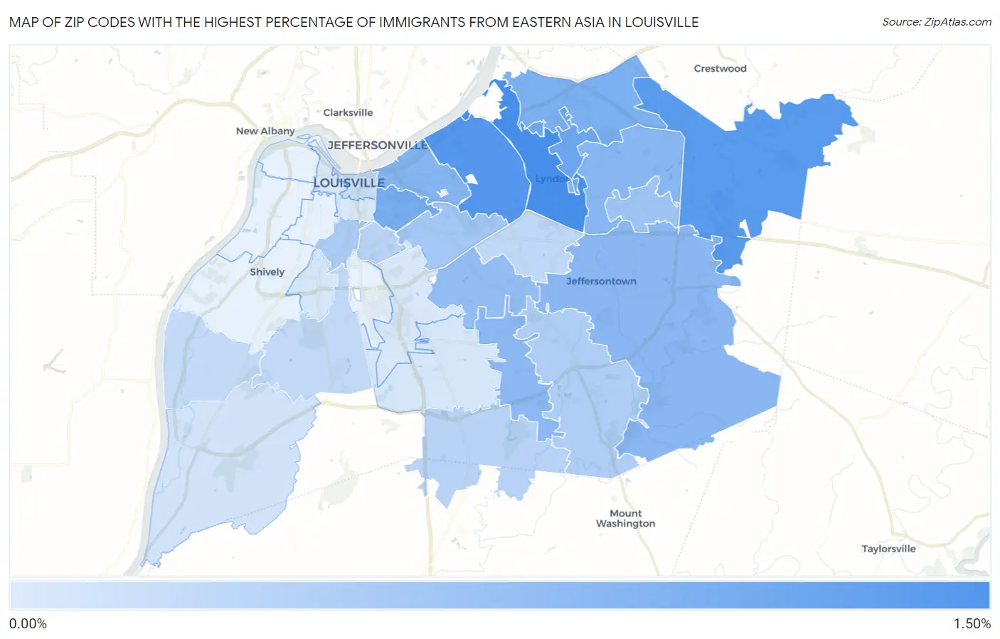 Zip Codes with the Highest Percentage of Immigrants from Eastern Asia in Louisville Map