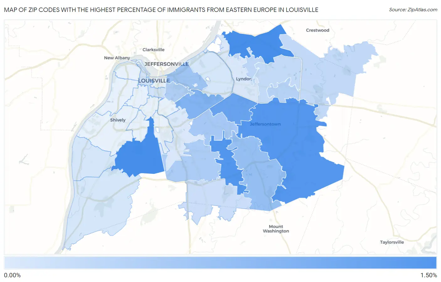 Zip Codes with the Highest Percentage of Immigrants from Eastern Europe in Louisville Map