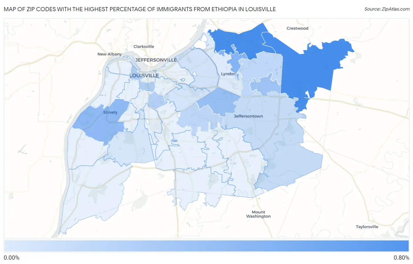 Zip Codes with the Highest Percentage of Immigrants from Ethiopia in Louisville Map