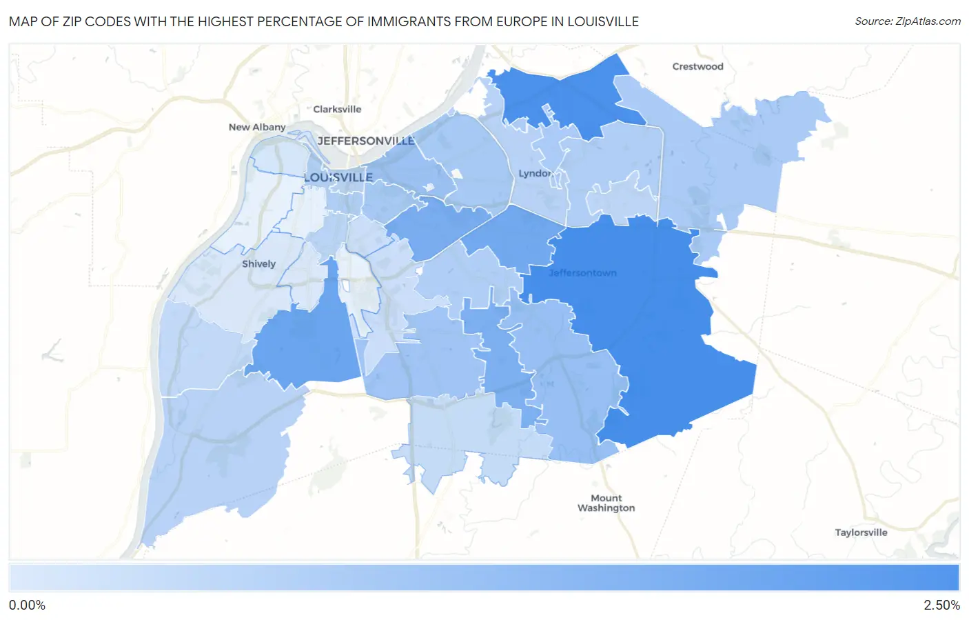Zip Codes with the Highest Percentage of Immigrants from Europe in Louisville Map