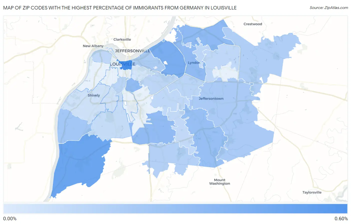 Zip Codes with the Highest Percentage of Immigrants from Germany in Louisville Map