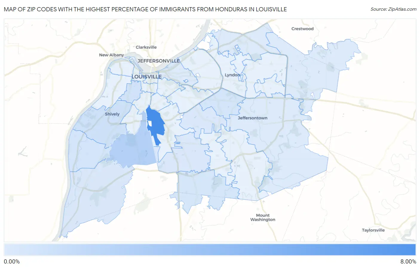 Zip Codes with the Highest Percentage of Immigrants from Honduras in Louisville Map