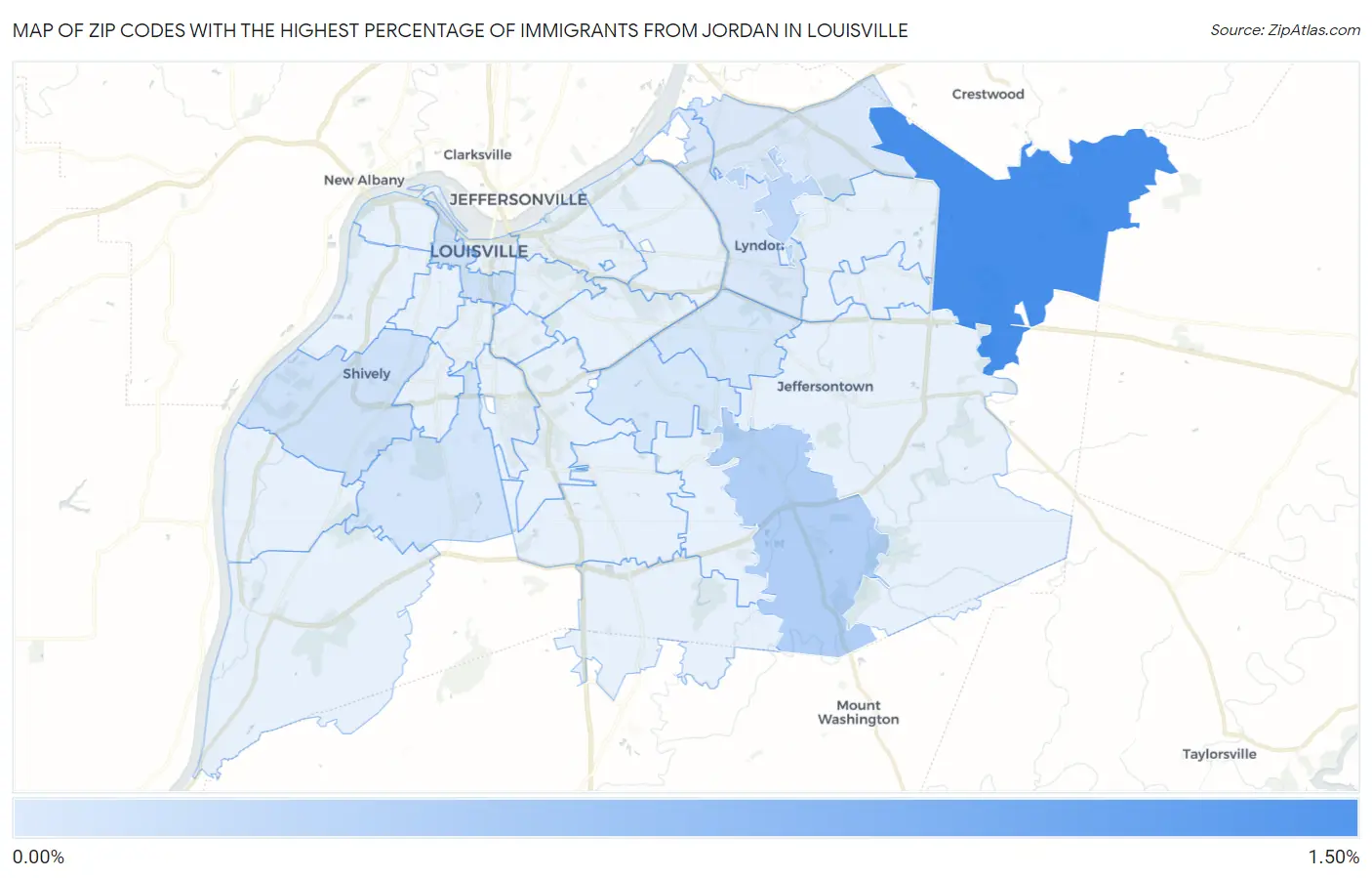 Zip Codes with the Highest Percentage of Immigrants from Jordan in Louisville Map