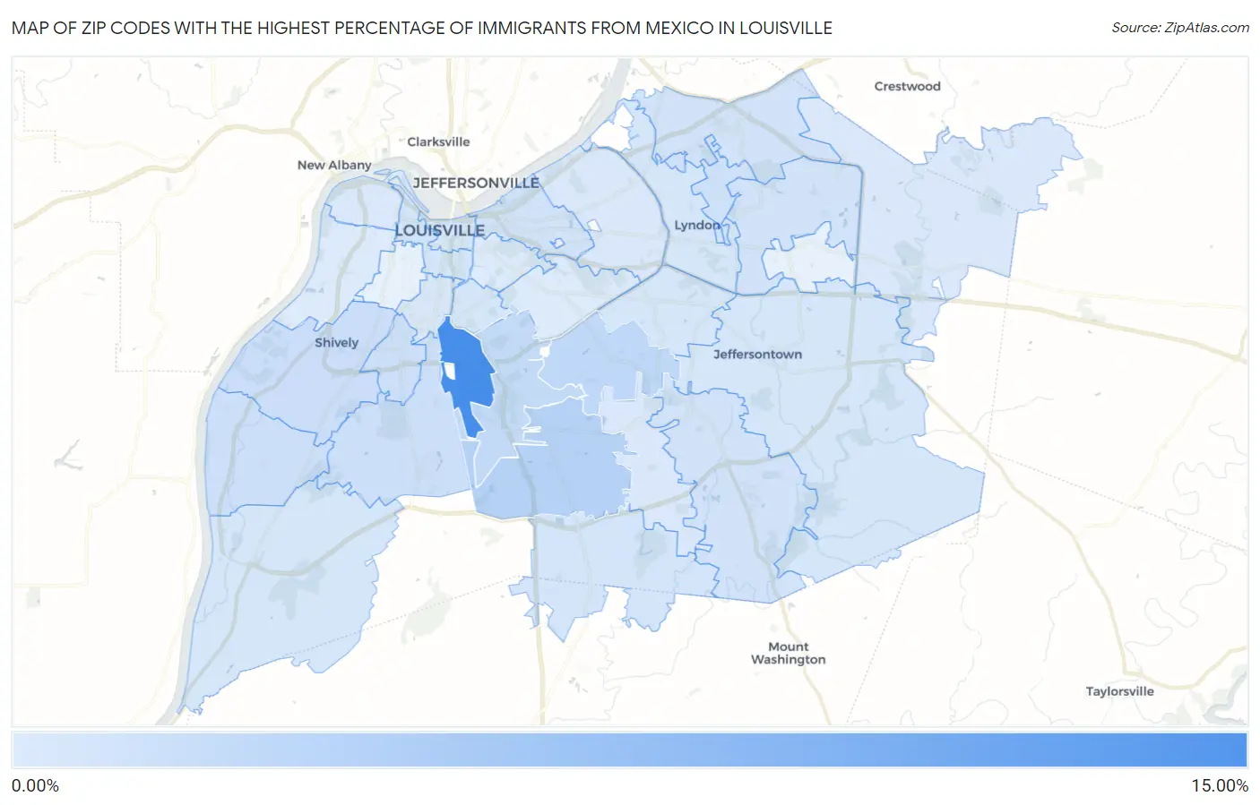 Zip Codes with the Highest Percentage of Immigrants from Mexico in Louisville Map