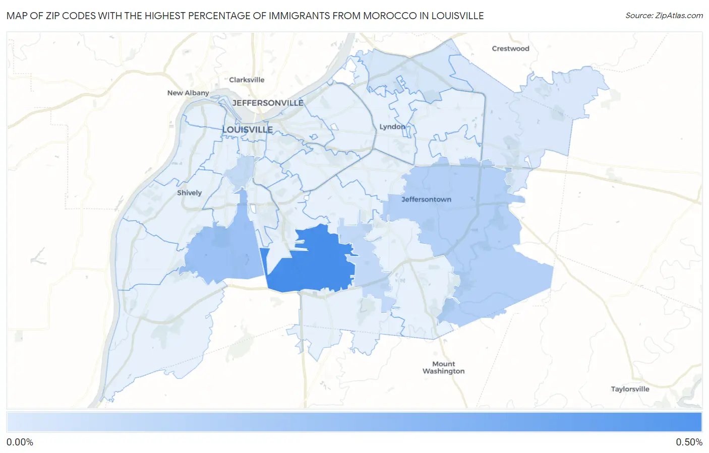 Zip Codes with the Highest Percentage of Immigrants from Morocco in Louisville Map