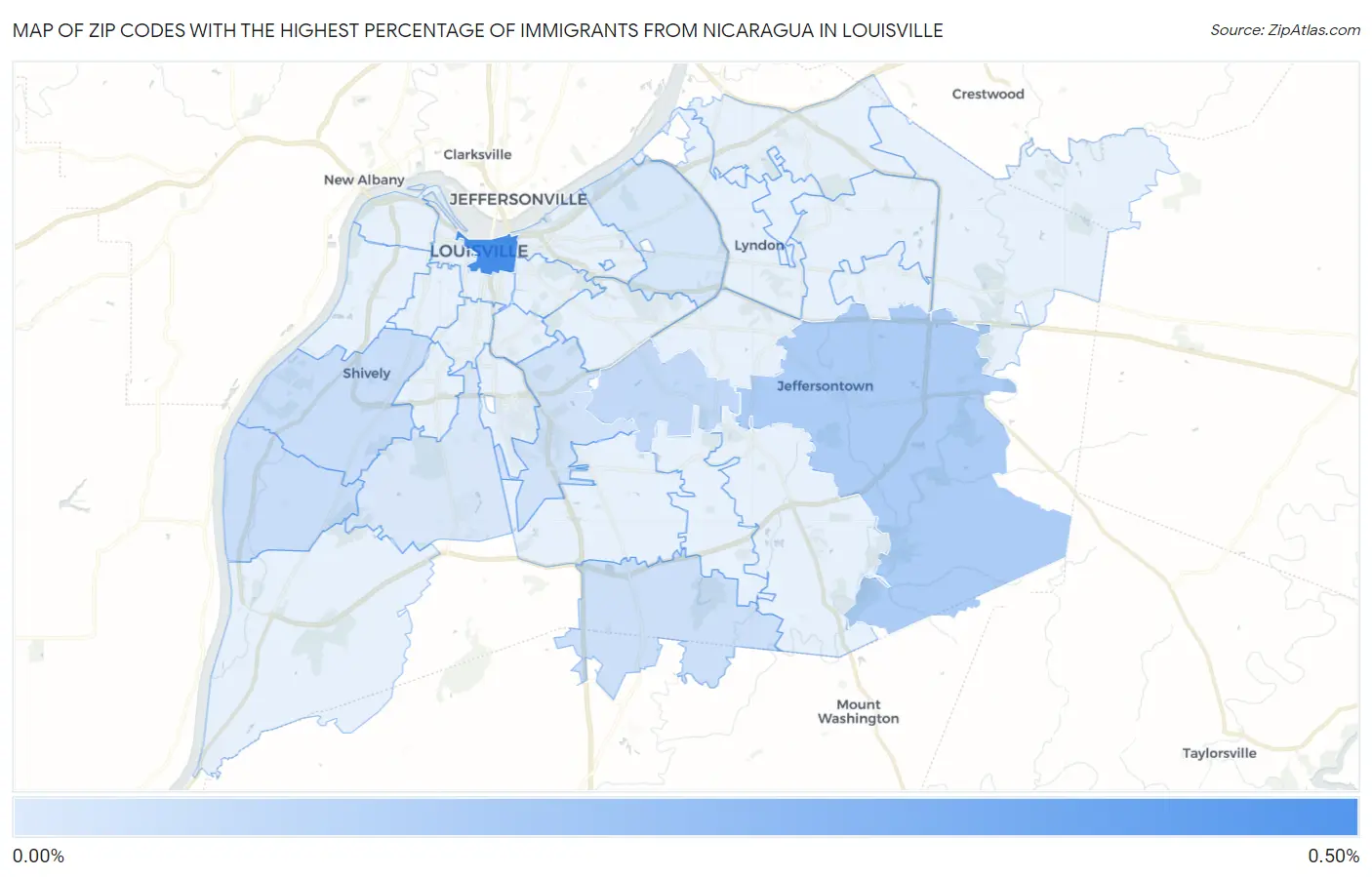 Zip Codes with the Highest Percentage of Immigrants from Nicaragua in Louisville Map