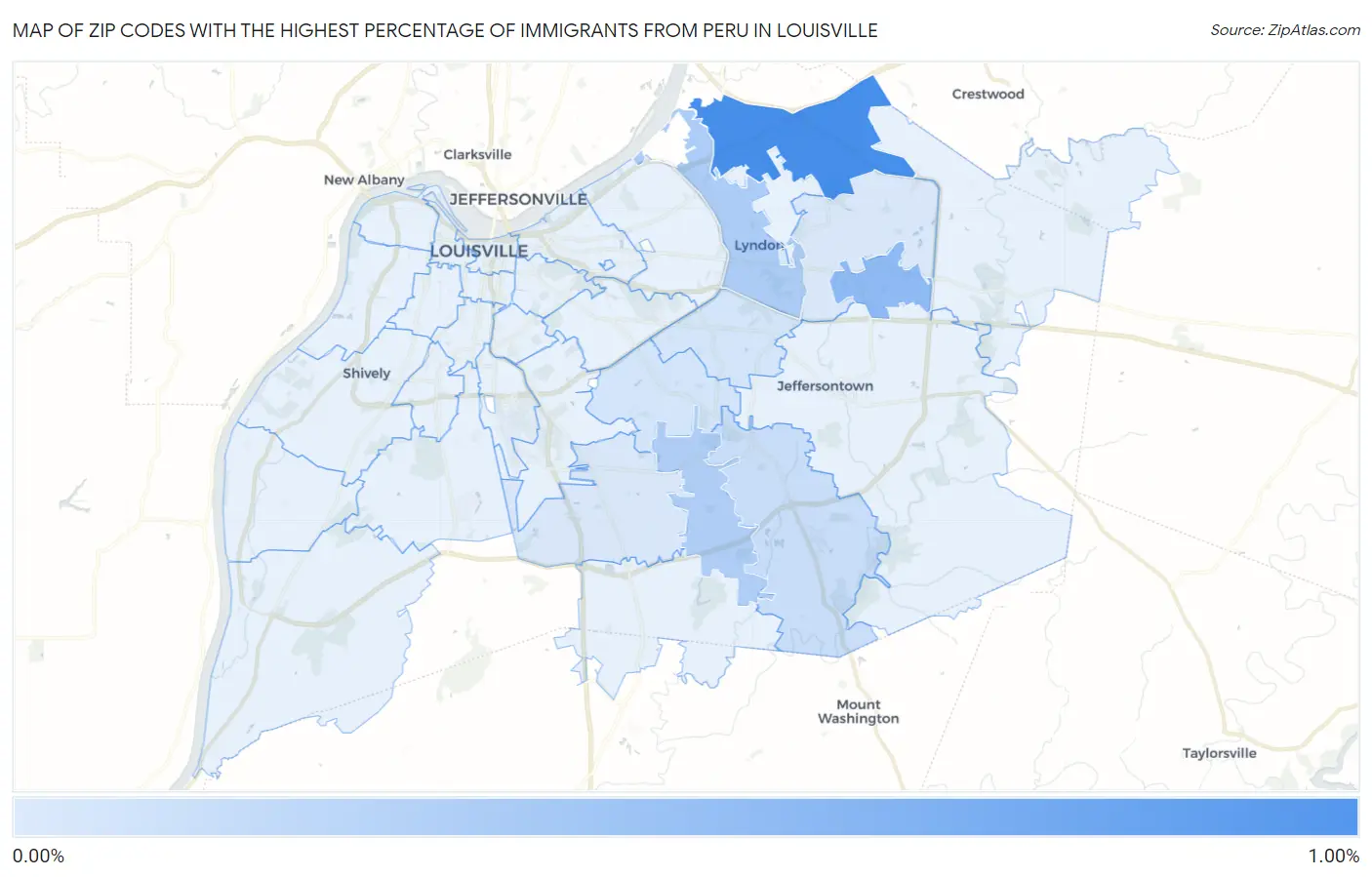 Zip Codes with the Highest Percentage of Immigrants from Peru in Louisville Map