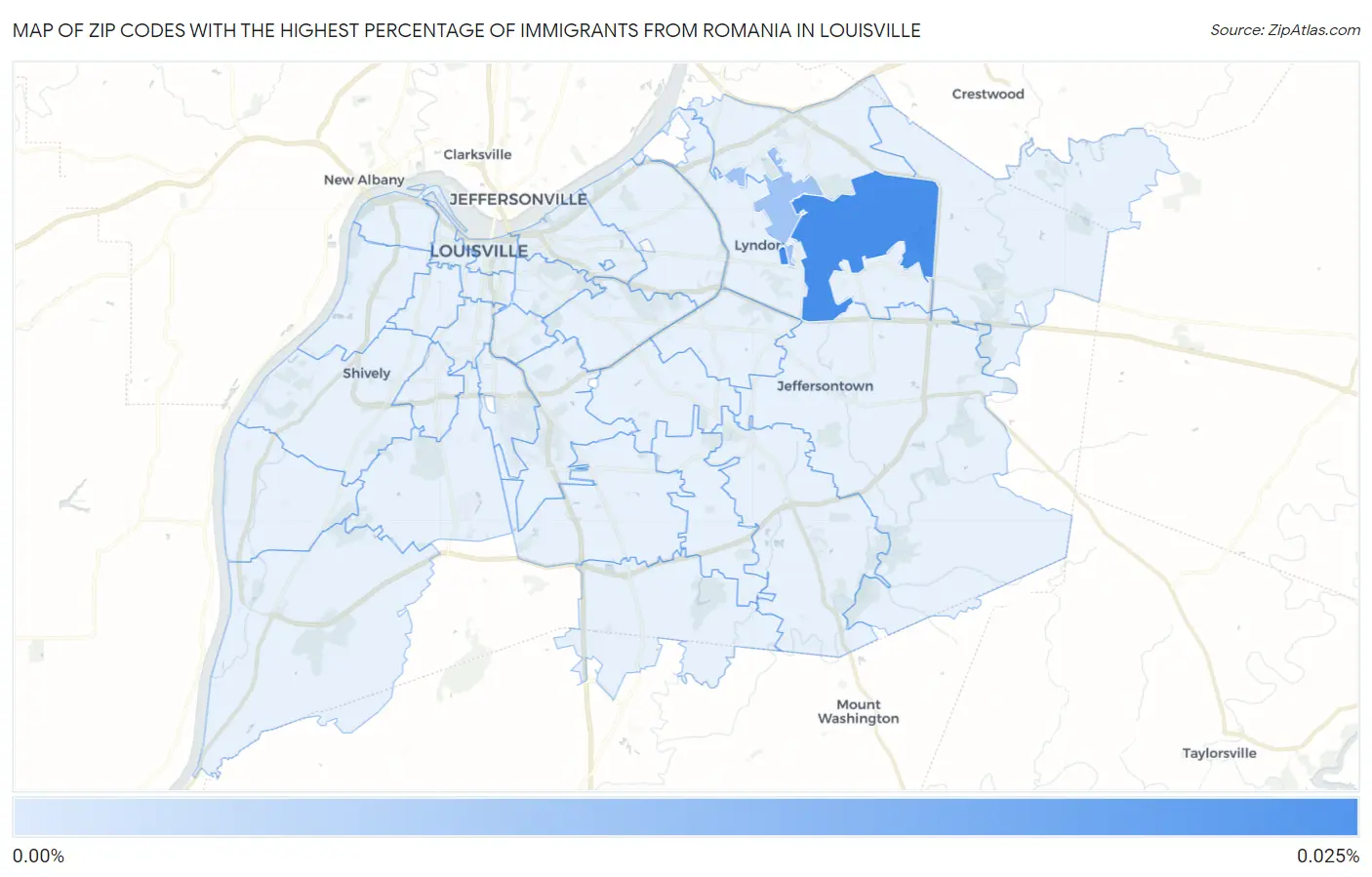 Zip Codes with the Highest Percentage of Immigrants from Romania in Louisville Map