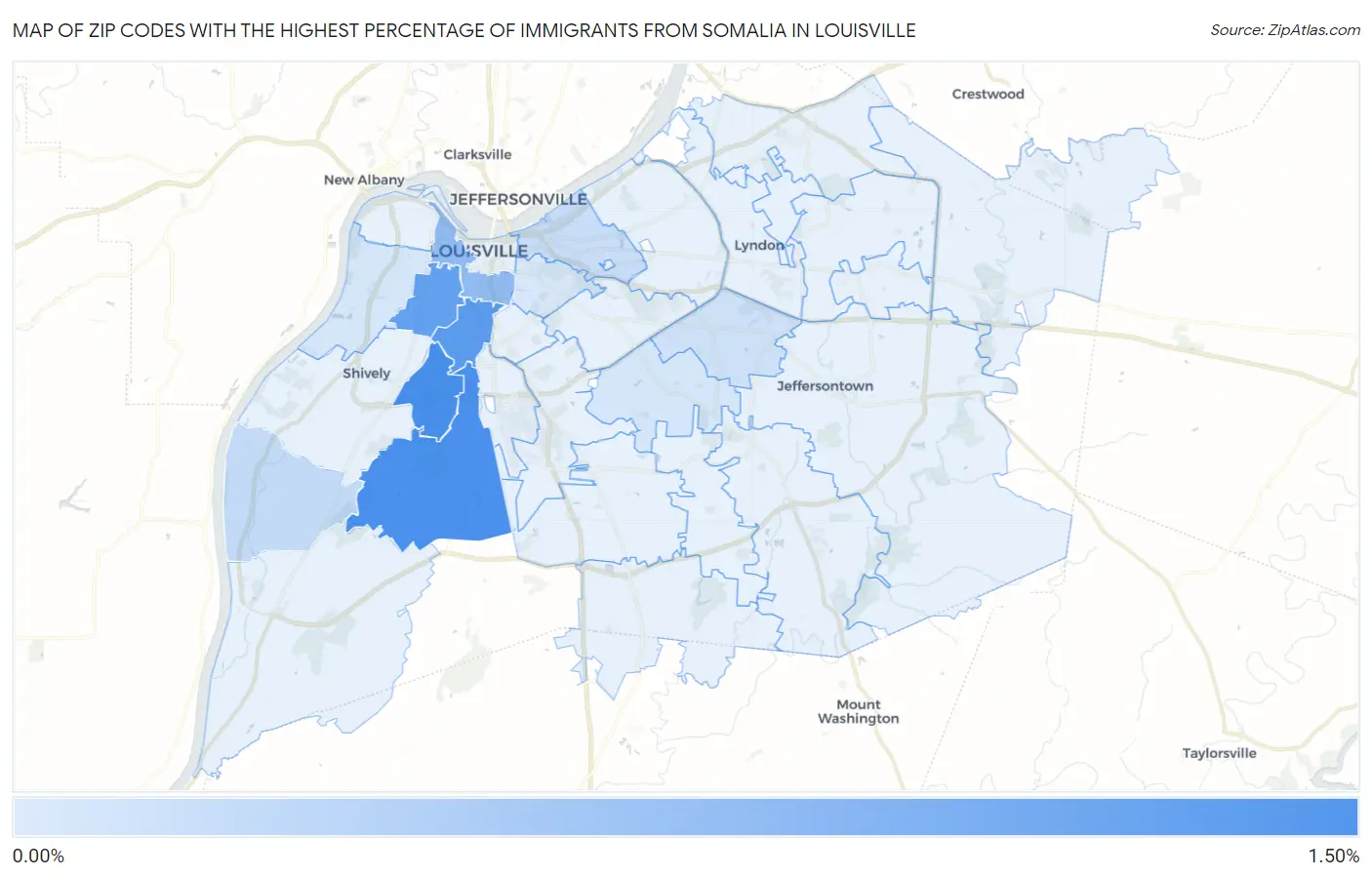 Zip Codes with the Highest Percentage of Immigrants from Somalia in Louisville Map