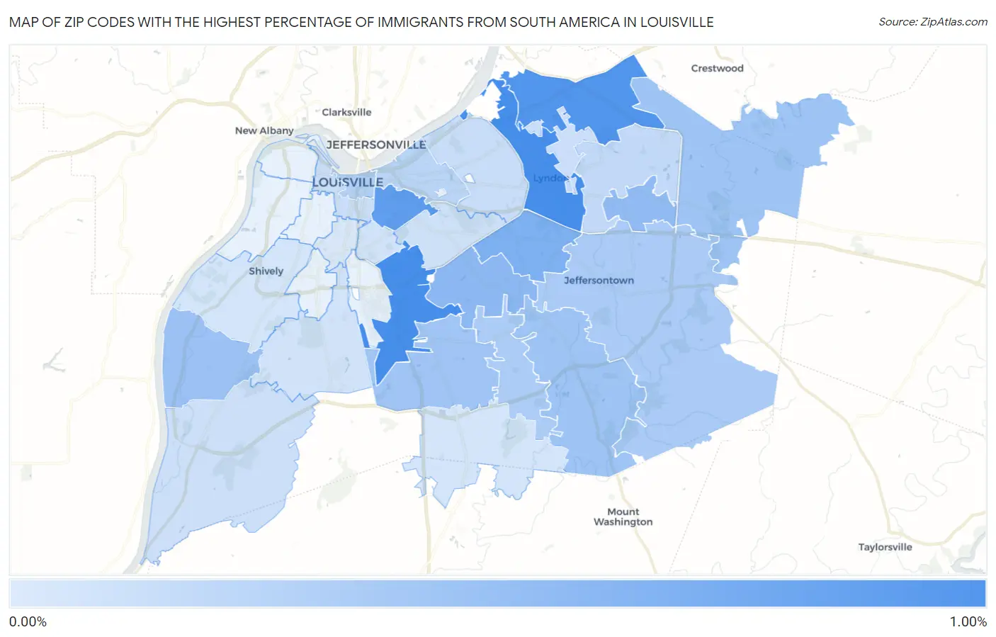 Zip Codes with the Highest Percentage of Immigrants from South America in Louisville Map