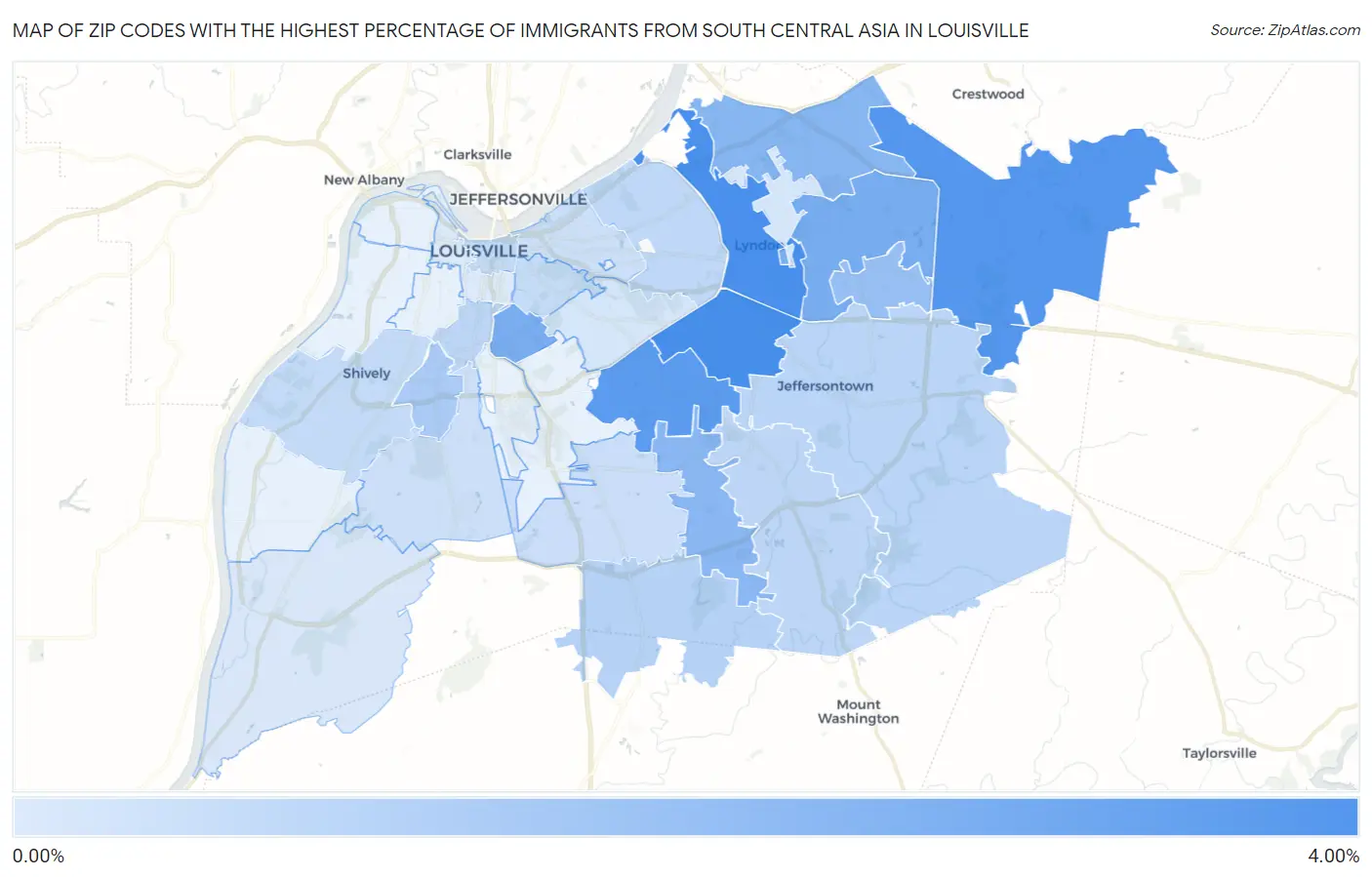 Zip Codes with the Highest Percentage of Immigrants from South Central Asia in Louisville Map