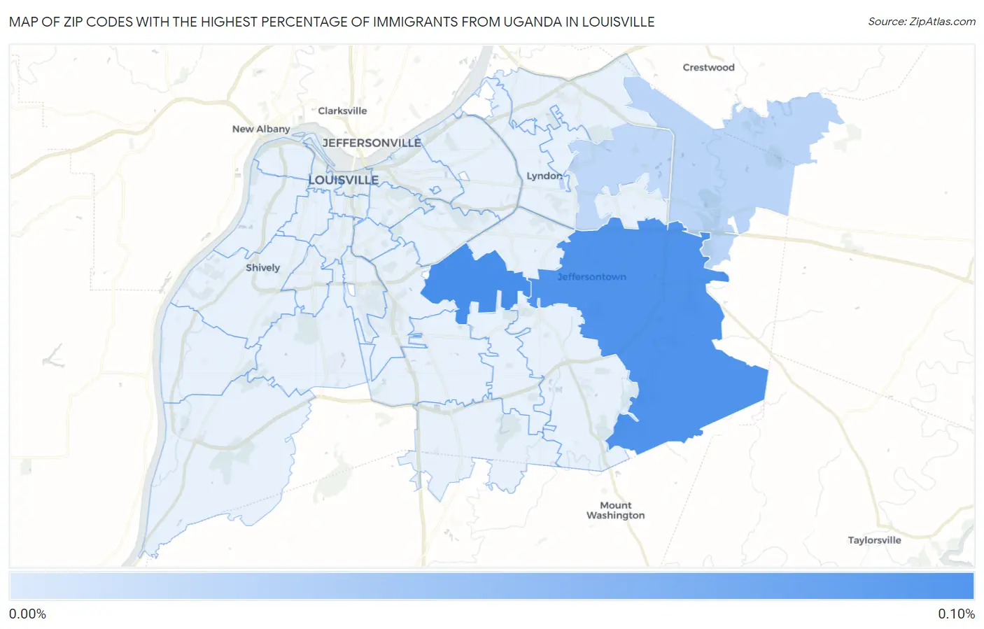 Zip Codes with the Highest Percentage of Immigrants from Uganda in Louisville Map